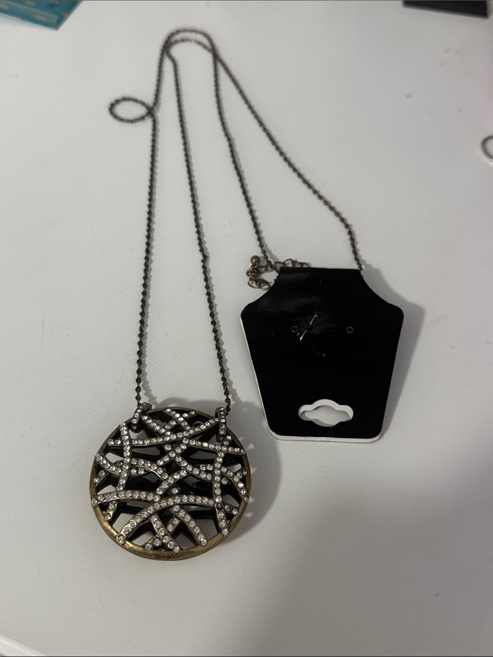 Crystal Pavé Round Pendant Necklace - Bronze Tone
